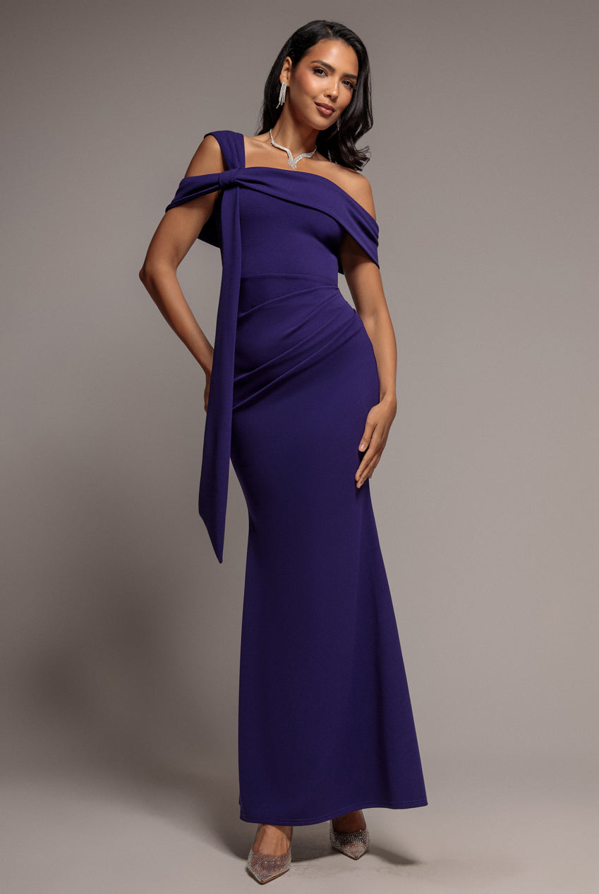 Goddiva One Shoulder Twisted Bardot Asymmetric Mermaid Maxi Dress - Deep Purple