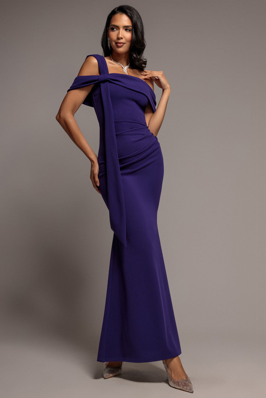 Goddiva One Shoulder Twisted Bardot Asymmetric Mermaid Maxi Dress - Deep Purple