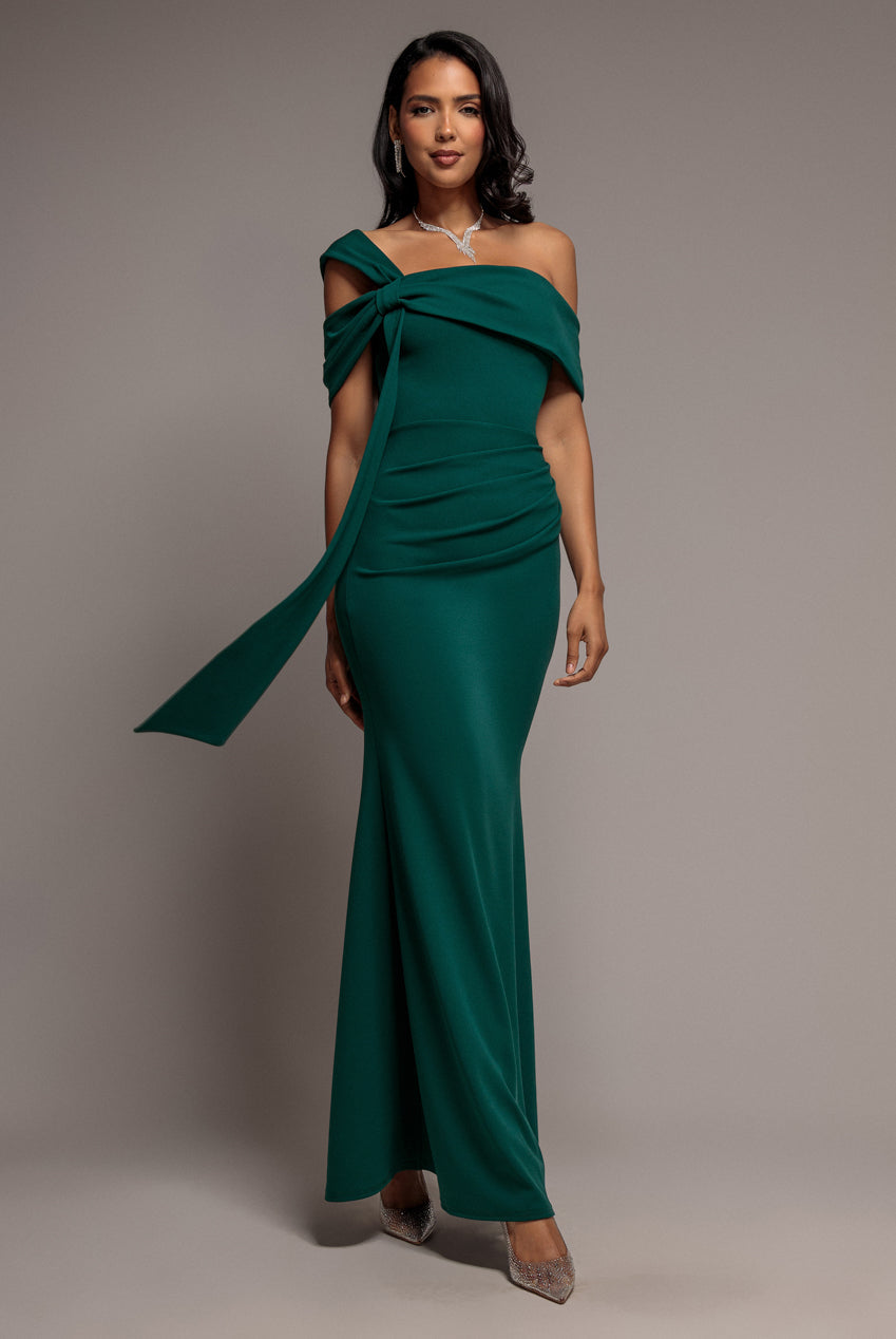Goddiva One Shoulder Twisted Bardot Asymmetric Mermaid Maxi Dress - Emerald Green