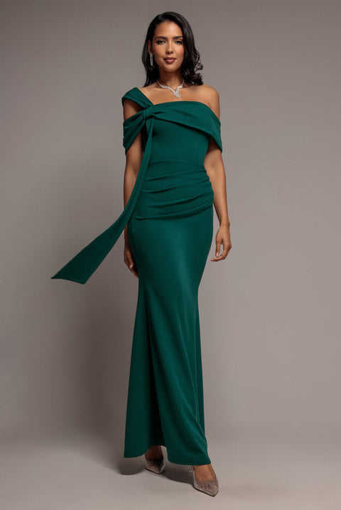 Goddiva One Shoulder Twisted Bardot Asymmetric Mermaid Maxi Dress - Emerald Green