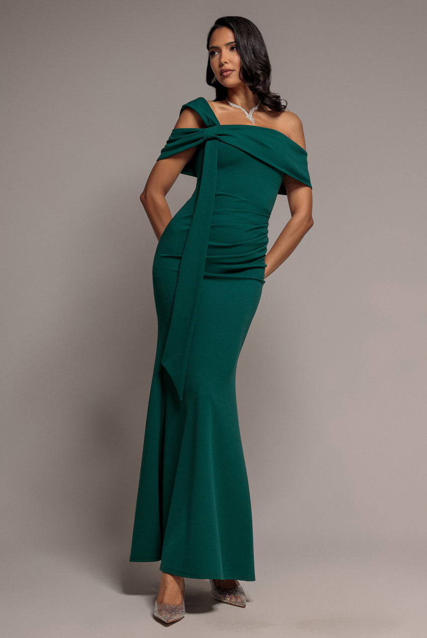 Goddiva One Shoulder Twisted Bardot Asymmetric Mermaid Maxi Dress - Emerald Green