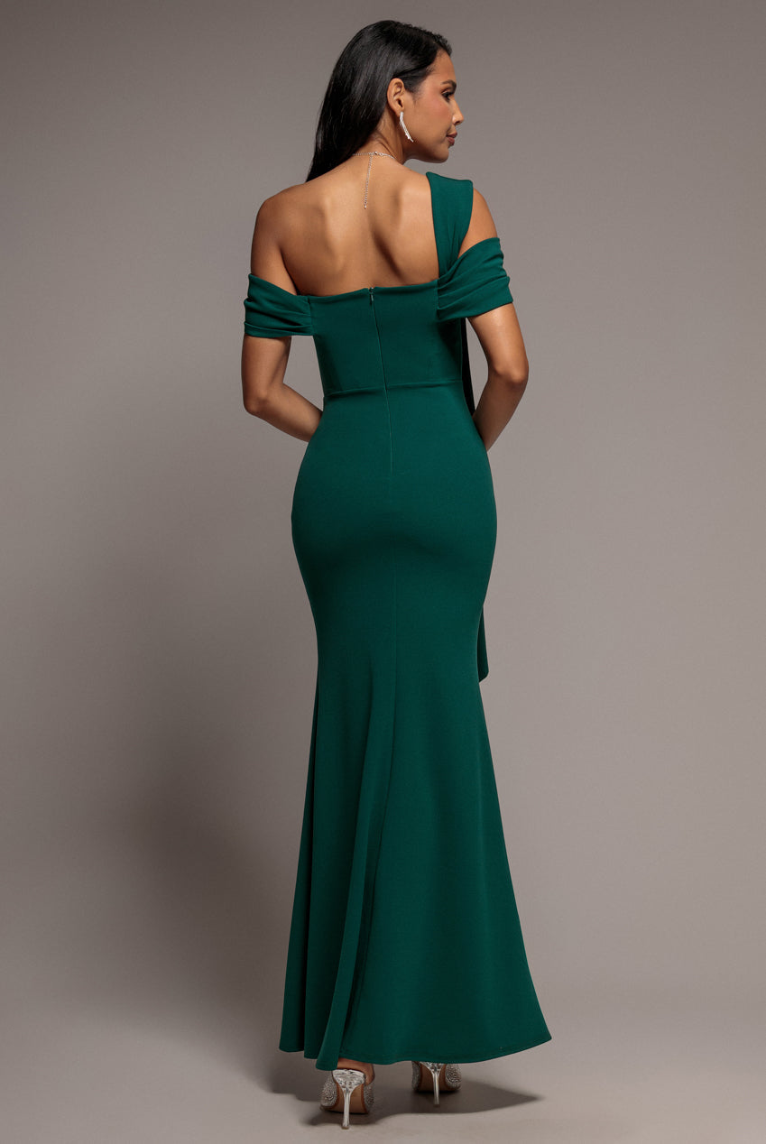 Goddiva One Shoulder Twisted Bardot Asymmetric Mermaid Maxi Dress - Emerald Green