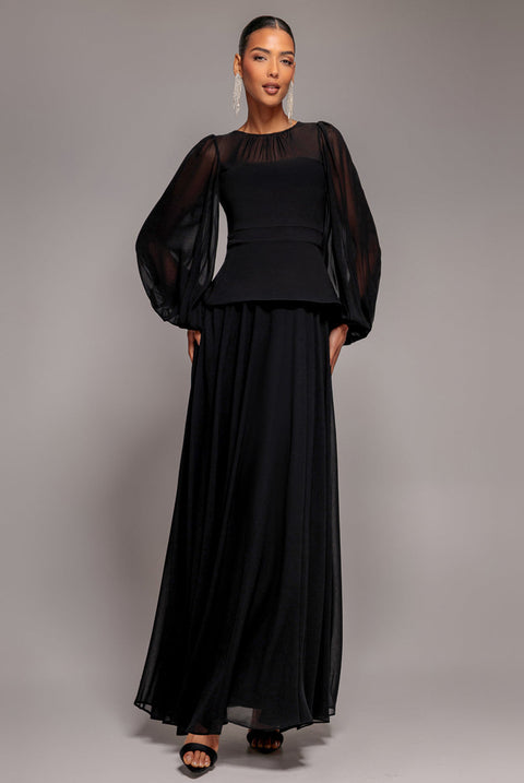 Goddiva Bishop Sleeve Peplum Top Scuba Crepe And Chiffon Maxi Dress - Black