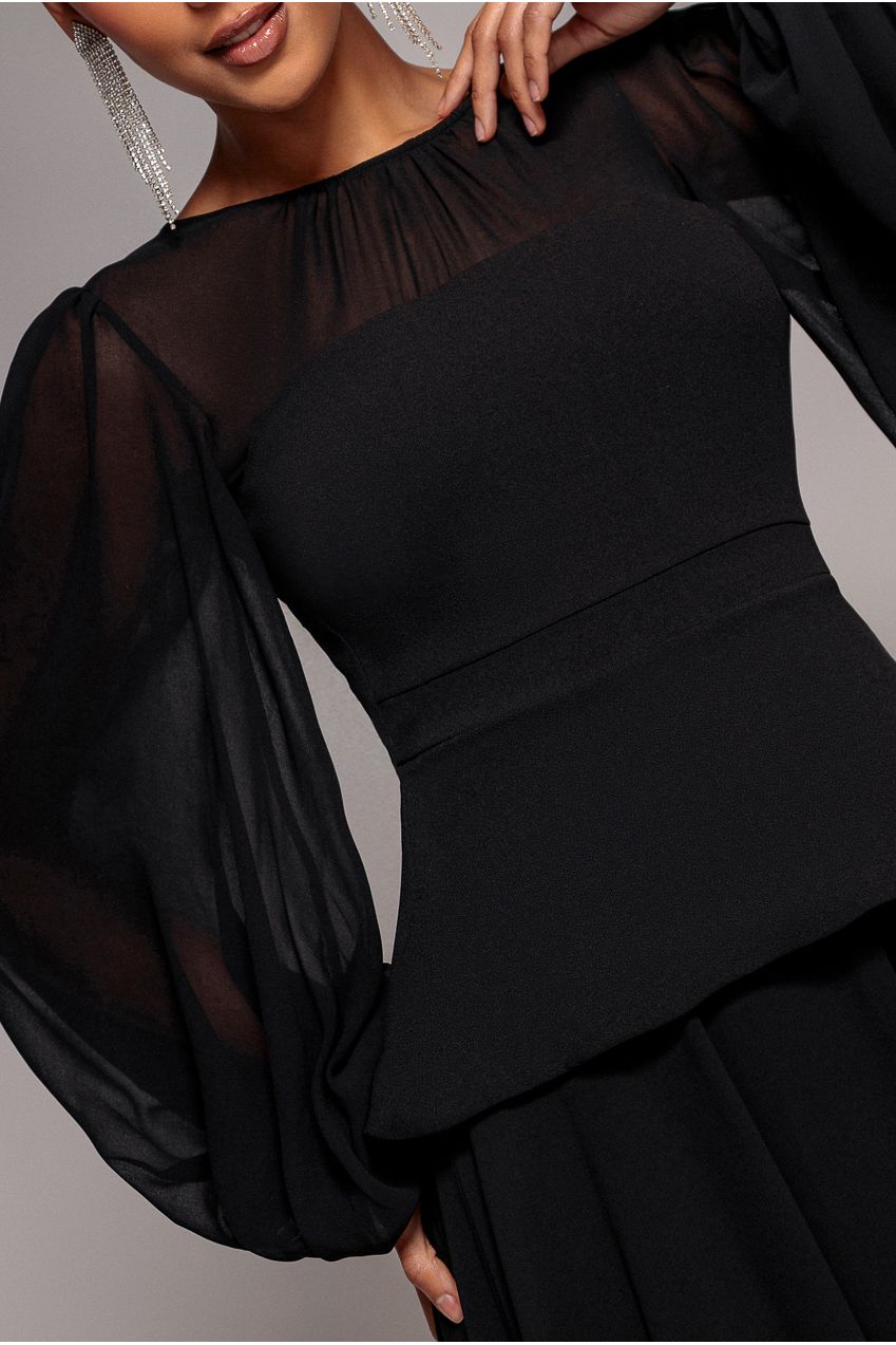 Goddiva Bishop Sleeve Peplum Top Scuba Crepe And Chiffon Maxi Dress - Black