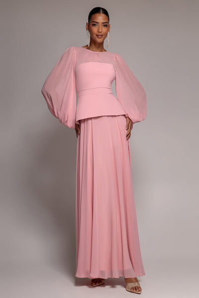 Blush - Goddiva Bishop Sleeve Peplum Top Scuba Crepe And Chiffon Maxi Dress - Blush Pink