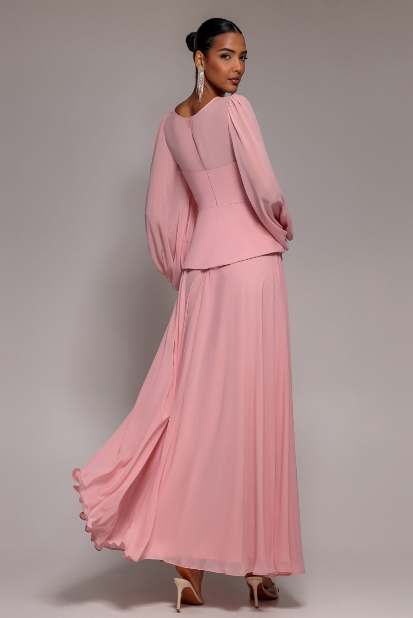 Goddiva Bishop Sleeve Peplum Top Scuba Crepe And Chiffon Maxi Dress - Blush Pink