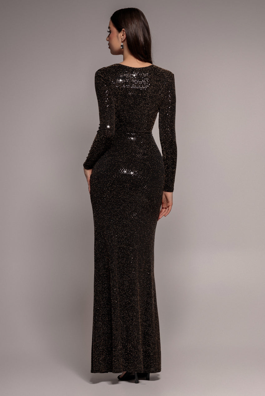 Goddiva Sequin Glitter Lurex Long Sleeve Wrap Maxi Dress - Black