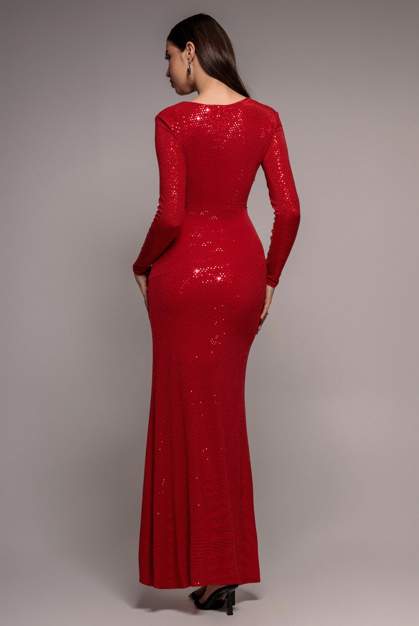 Goddiva Sequin Glitter Lurex Long Sleeve Wrap Maxi Dress - Red