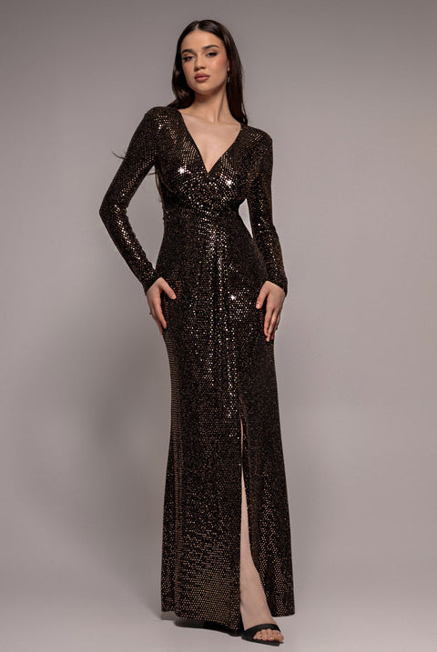 Goddiva Sequin Glitter Lurex Long Sleeve Wrap Maxi Dress - Rose Gold
