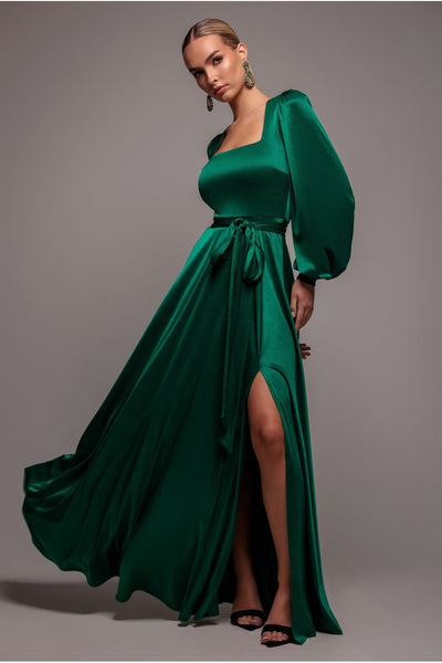 Goddiva Satin Square Neck Bishop Sleeve A Line Maxi Dress
