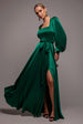 Goddiva Satin Square Neck Bishop Sleeve A Line Maxi Dress - Emerald Green