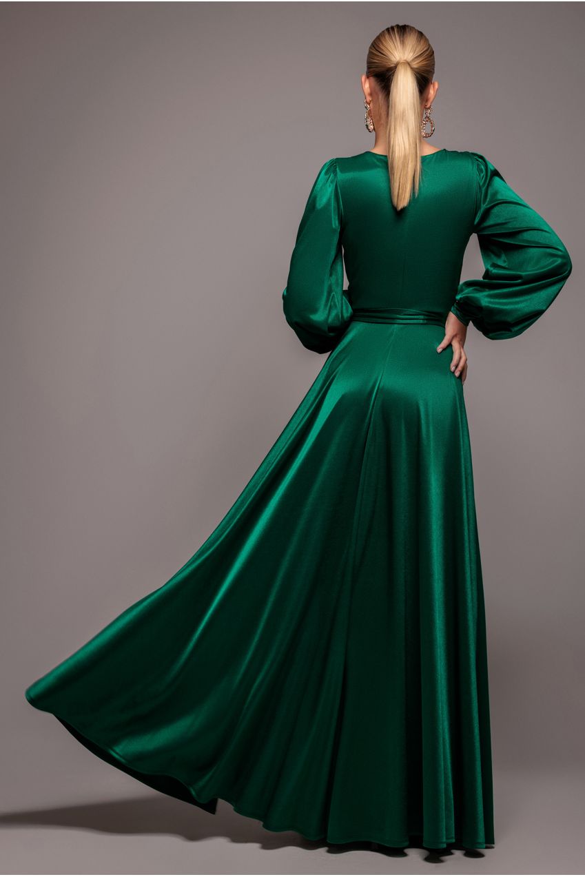 Goddiva Satin Square Neck Bishop Sleeve A Line Maxi Dress - Emerald Green