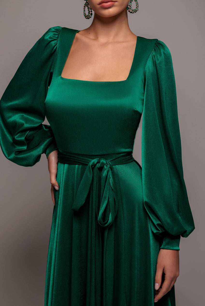 Goddiva Satin Square Neck Bishop Sleeve A Line Maxi Dress - Emerald Green