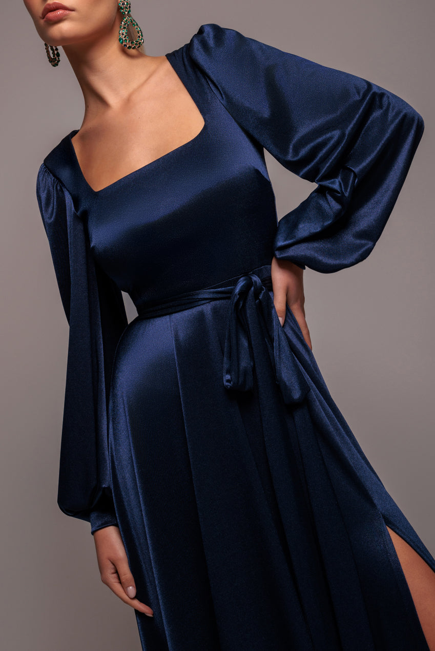 Goddiva Satin Square Neck Bishop Sleeve A Line Maxi Dress - Navy Blue