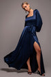 Goddiva Satin Square Neck Bishop Sleeve A Line Maxi Dress - Navy Blue