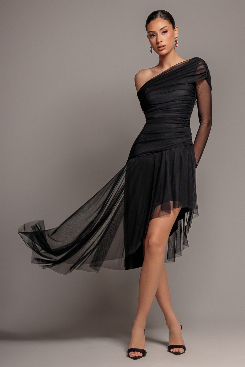 Goddiva One Off Shoulder Asymmetric Midi Dress - Black