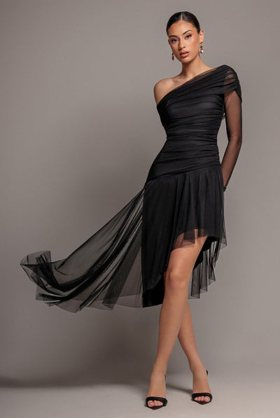 Black - Goddiva One Off Shoulder Asymmetric Midi Dress - Black