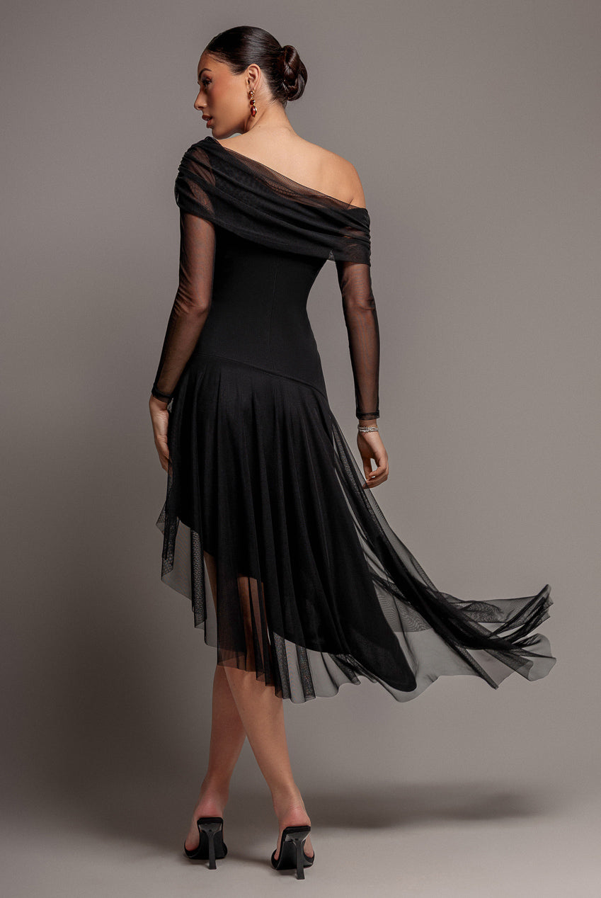 Goddiva One Off Shoulder Asymmetric Midi Dress - Black