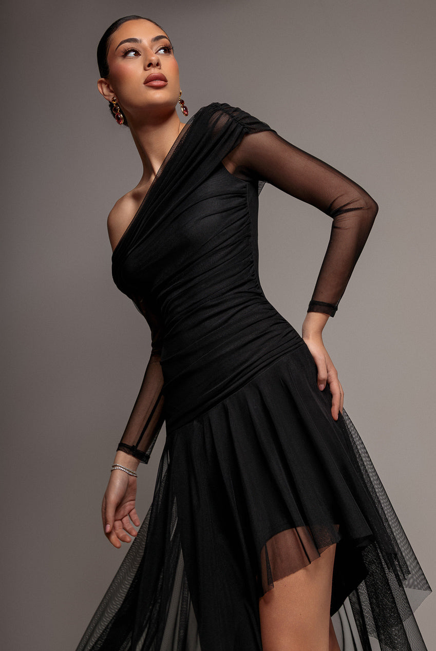 Goddiva One Off Shoulder Asymmetric Midi Dress - Black