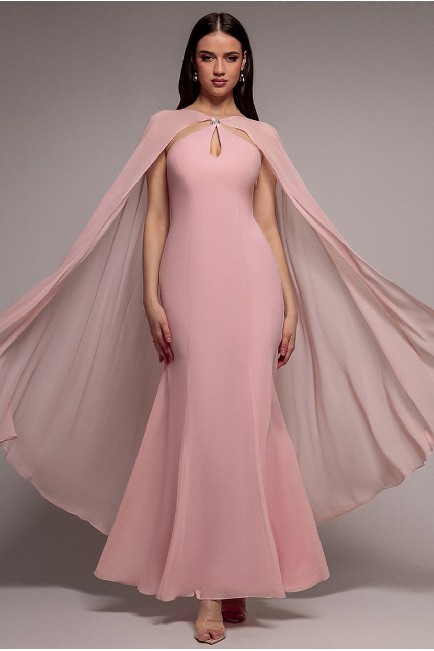 Goddiva Multiway Cape Chiffon With Embellished Trim Maxi Dress - Blush Pink