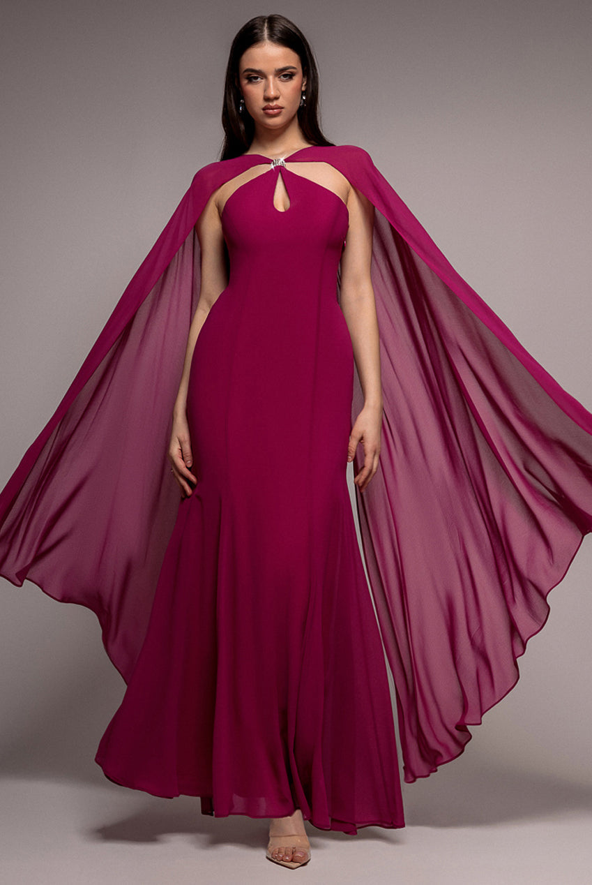 Goddiva Multiway Cape Chiffon With Embellished Trim Maxi Dress - Magenta