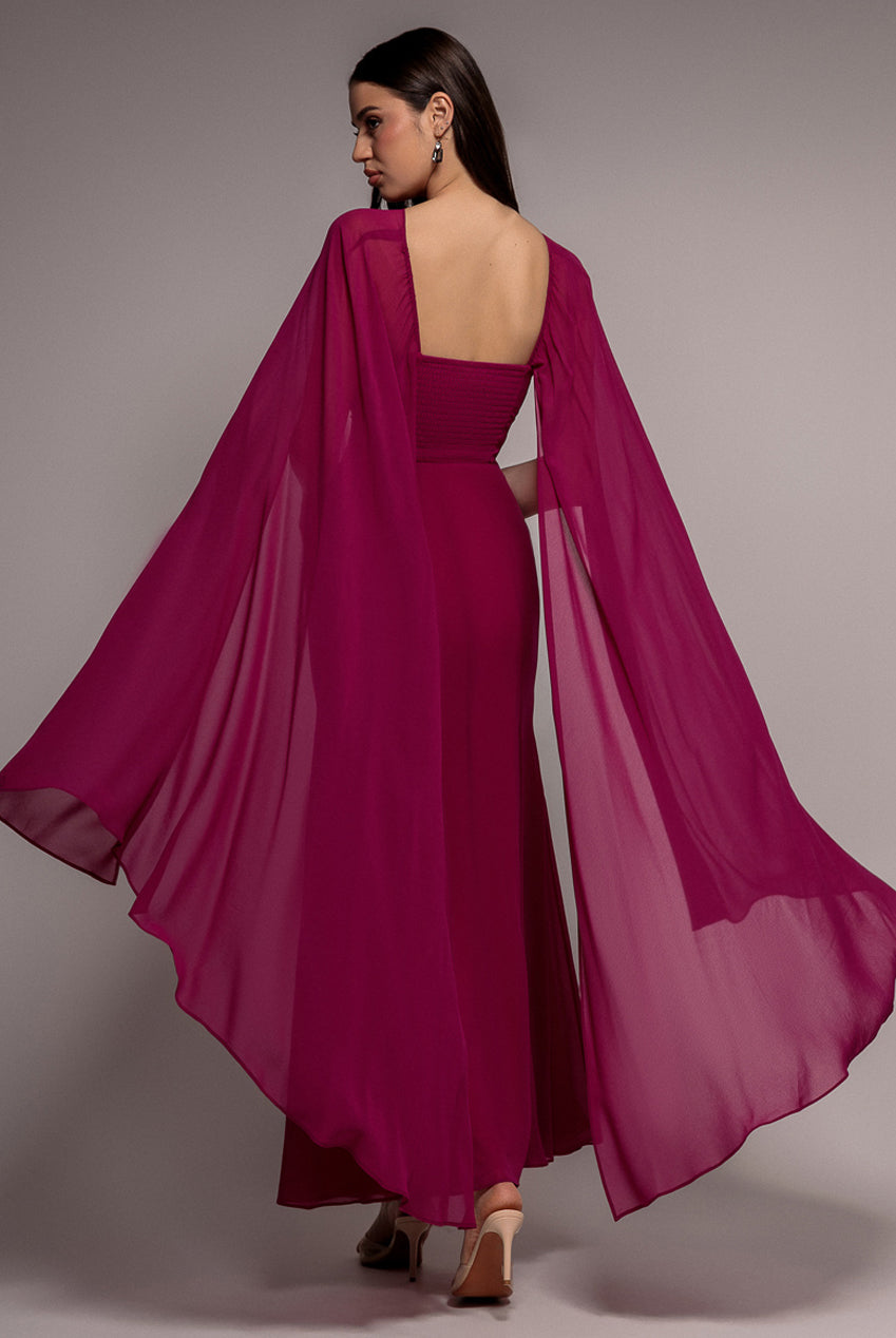 Goddiva Multiway Cape Chiffon With Embellished Trim Maxi Dress - Magenta