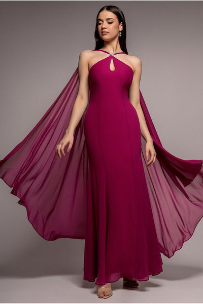 Magenta - Goddiva Multiway Cape Chiffon With Embellished Trim Maxi Dress - Magenta