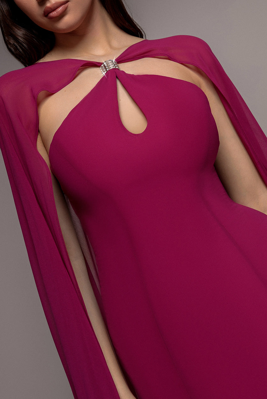 Goddiva Multiway Cape Chiffon With Embellished Trim Maxi Dress - Magenta