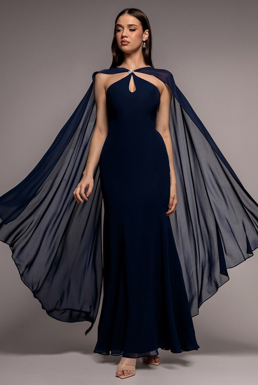 Goddiva Multiway Cape Chiffon With Embellished Trim Maxi Dress - Navy Blue