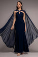 Goddiva Multiway Cape Chiffon With Embellished Trim Maxi Dress - Navy Blue