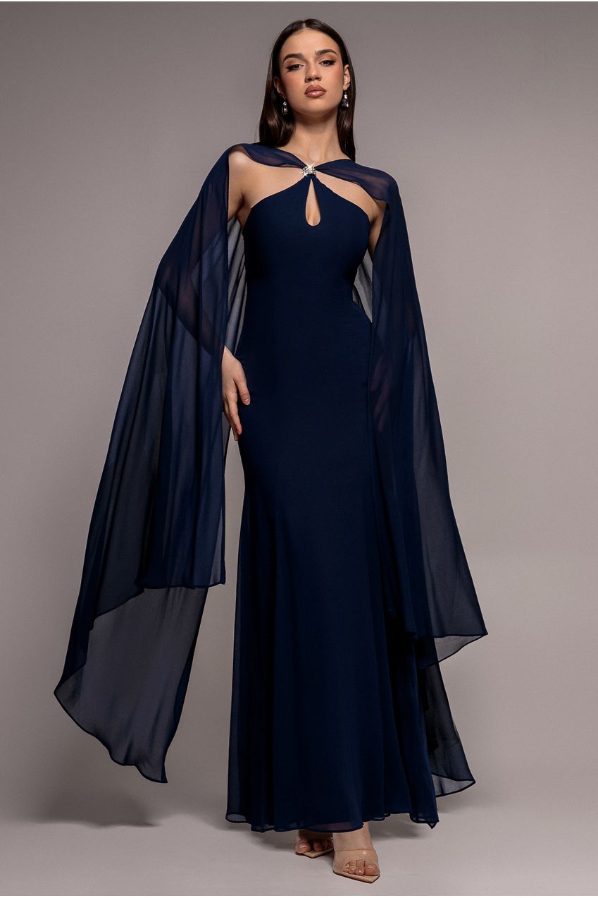 Goddiva Multiway Cape Chiffon With Embellished Trim Maxi Dress - Navy Blue