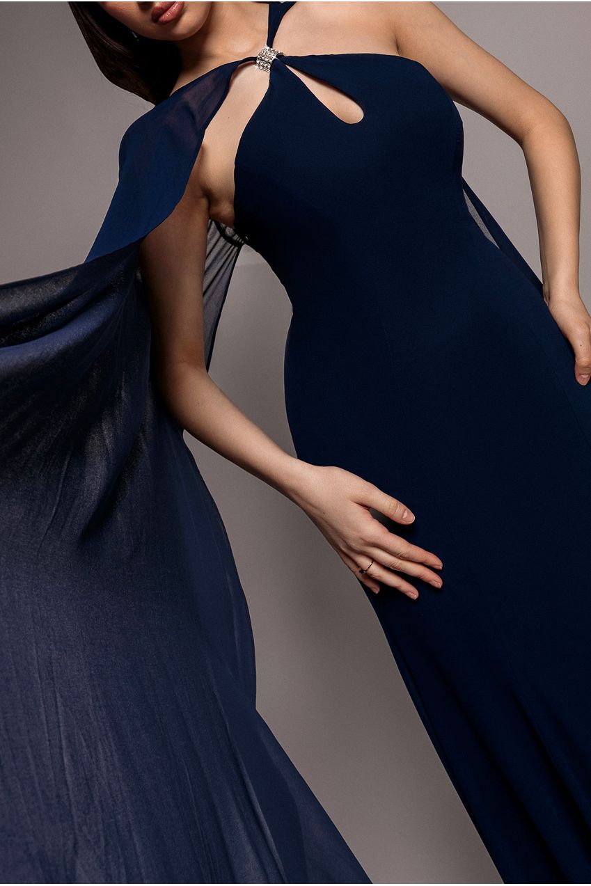 Goddiva Multiway Cape Chiffon With Embellished Trim Maxi Dress - Navy Blue