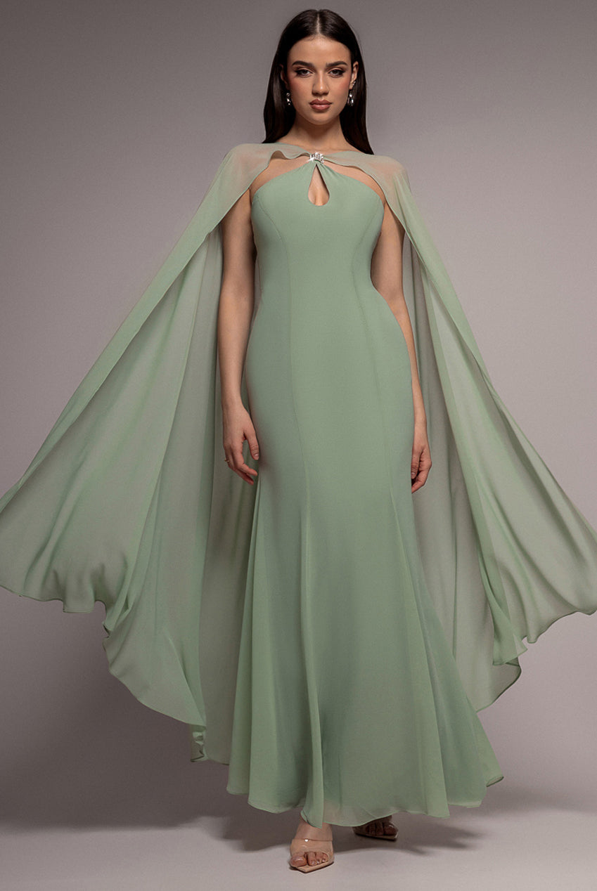 Goddiva Multiway Cape Chiffon With Embellished Trim Maxi Dress - Sage Green