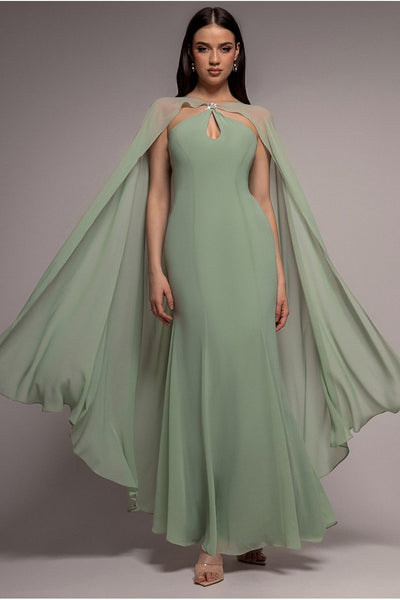 SageGreen - Goddiva Multiway Cape Chiffon With Embellished Trim Maxi Dress - Sage Green