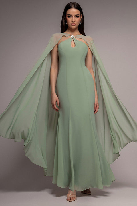 Goddiva Multiway Cape Chiffon With Embellished Trim Maxi Dress - Sage Green