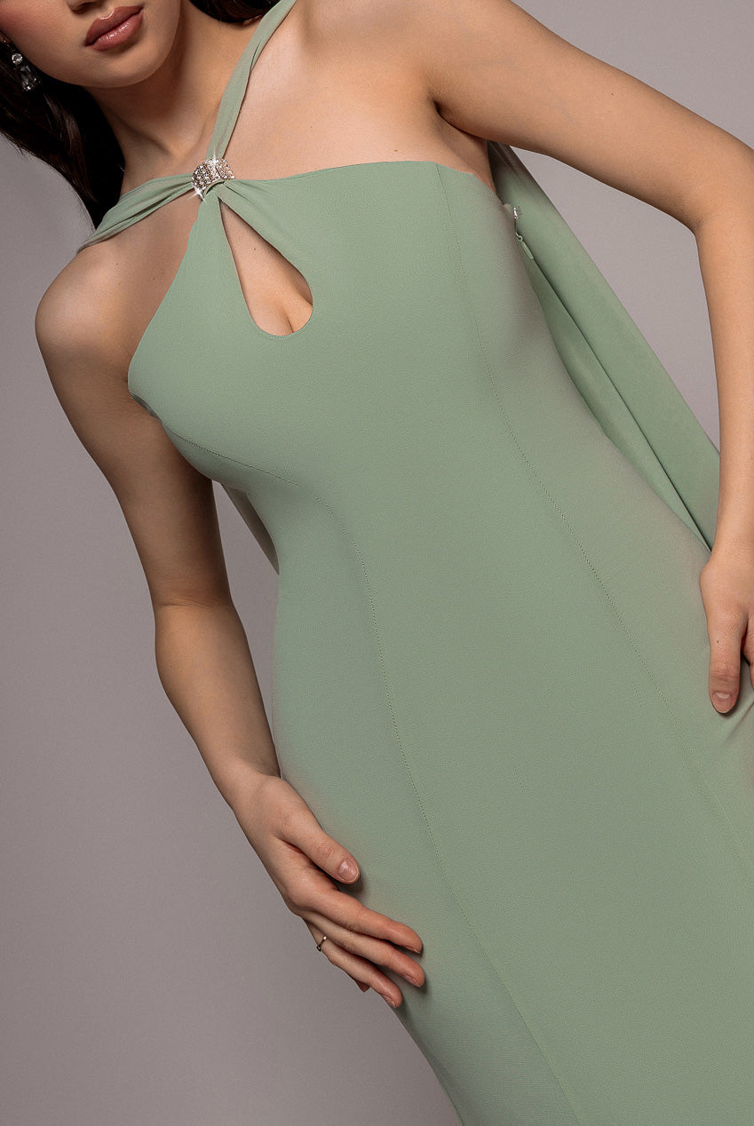 Goddiva Multiway Cape Chiffon With Embellished Trim Maxi Dress - Sage Green