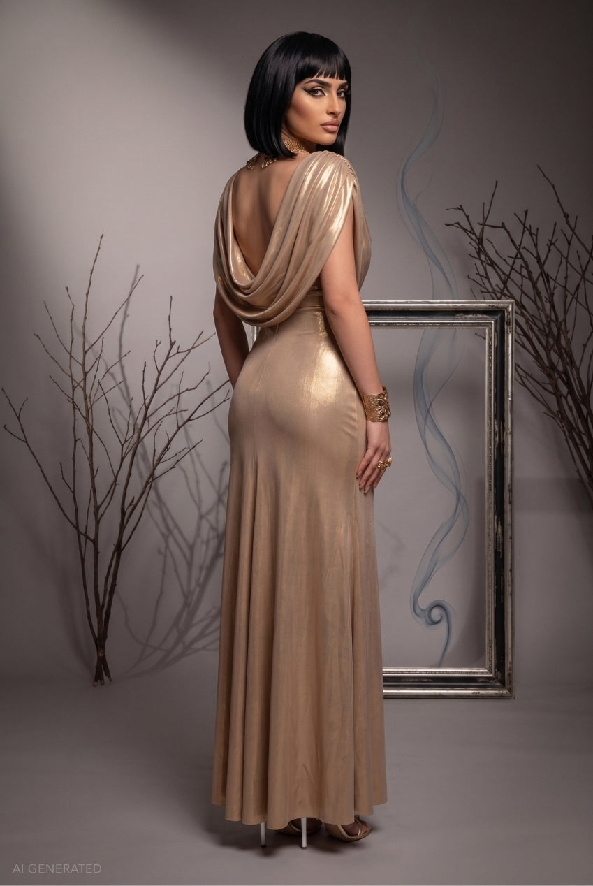 Goddiva Draped Maxi Cleopatra-Inspired Halloween Costume - Gold