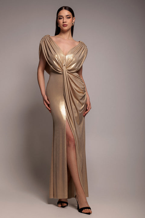 Goddiva Cowl Plunge Draped Foil Maxi Dress - Gold