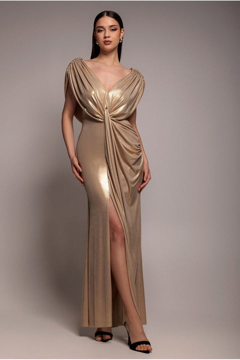 Goddiva Cowl Plunge Draped Foil Maxi Dress - Gold