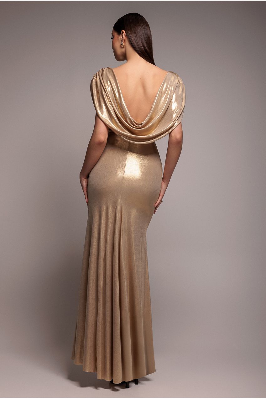 Goddiva Cowl Plunge Draped Foil Maxi Dress - Gold