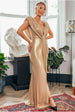 Goddiva Cowl Plunge Draped Foil Maxi Dress - Gold