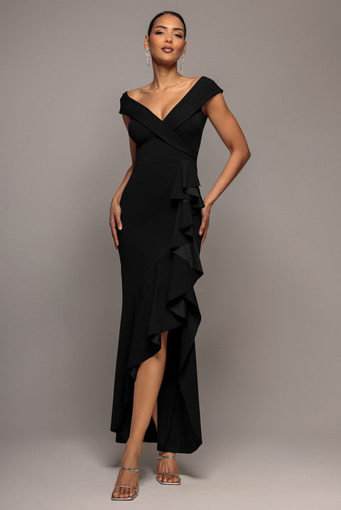 Goddiva Off Shoulder Front Waterfall Frill Maxi Dress - Black