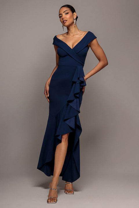 Goddiva Off Shoulder Front Waterfall Frill Maxi Dress - Navy Blue