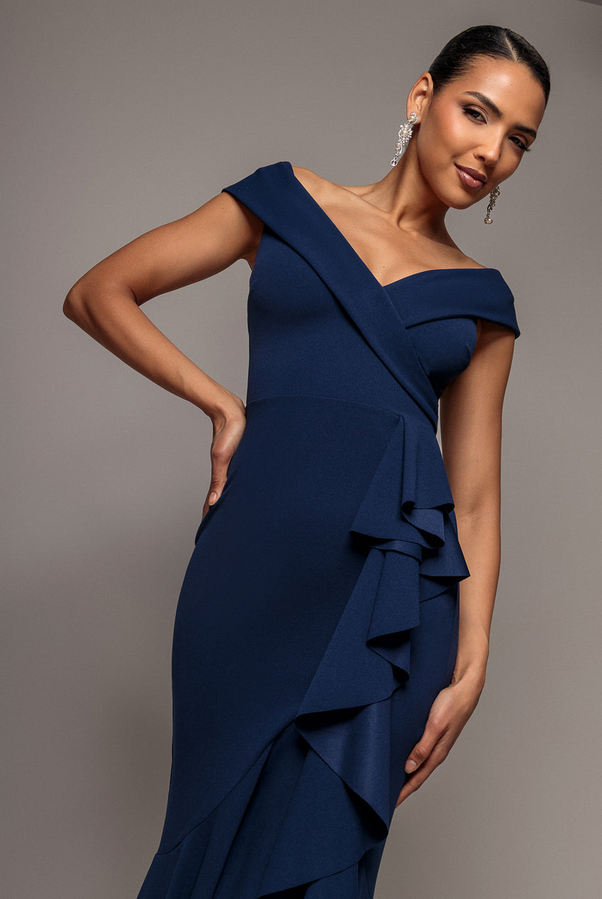 Goddiva Off Shoulder Front Waterfall Frill Maxi Dress - Navy Blue