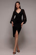 Goddiva Scuba & Chiffon Balloon Sleeve Wrap Midi Dress - Black