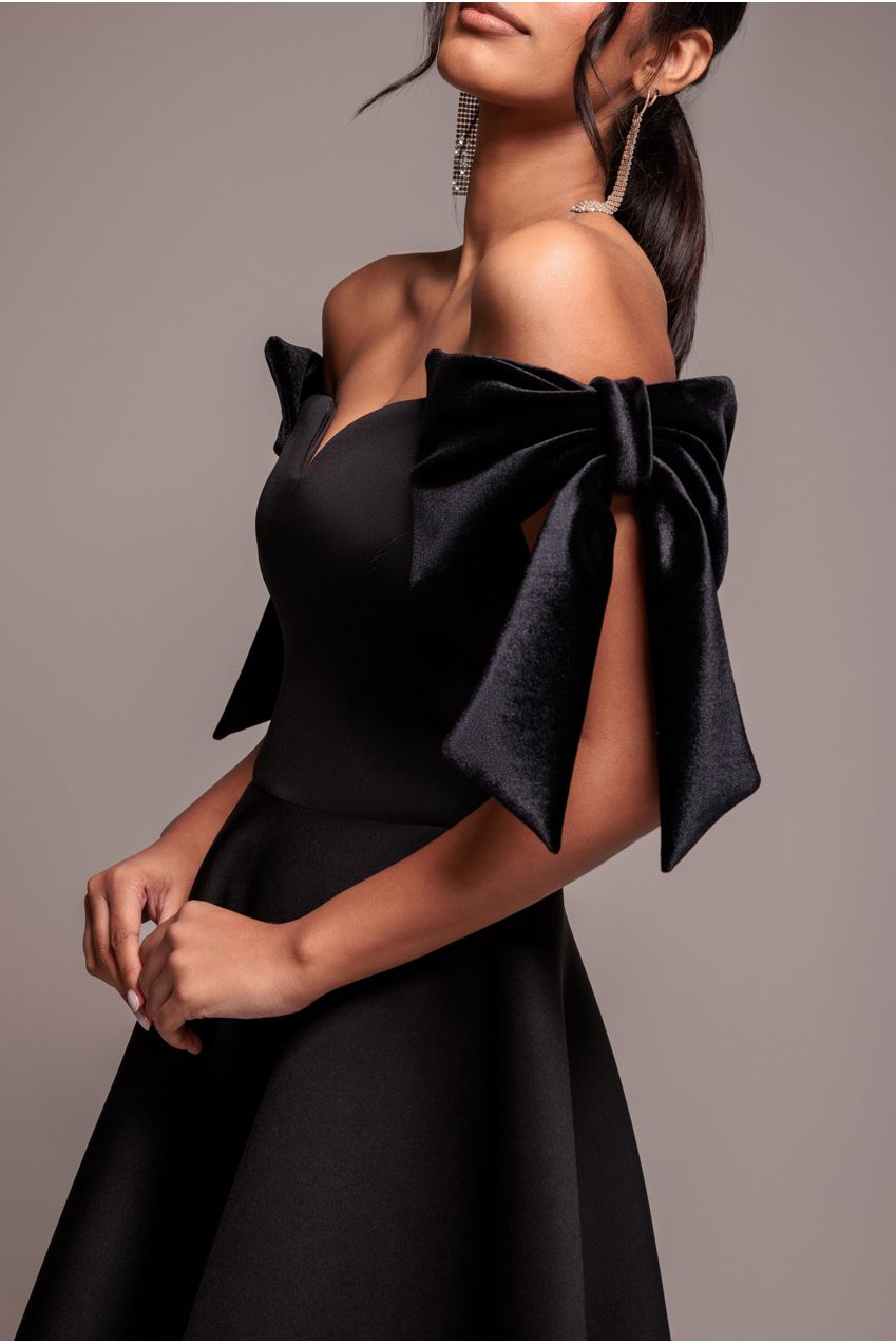 Goddiva Scuba Off The Shoulder Velvet Bow Skater Midi Dress - Black