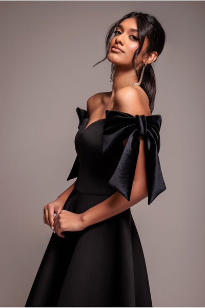 Black - Goddiva Scuba Off The Shoulder Velvet Bow Skater Midi Dress - Black