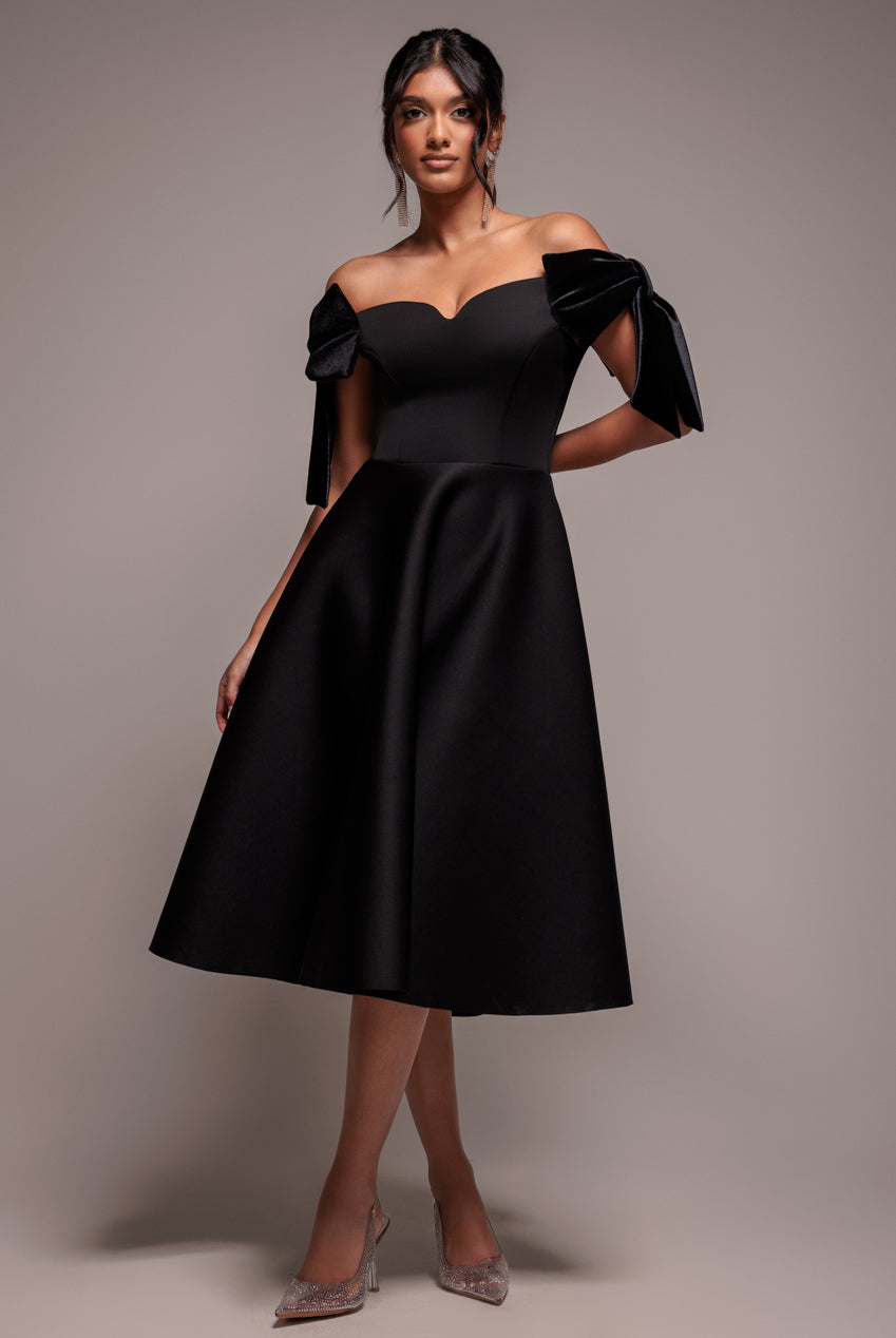 Goddiva Scuba Off The Shoulder Velvet Bow Skater Midi Dress - Black