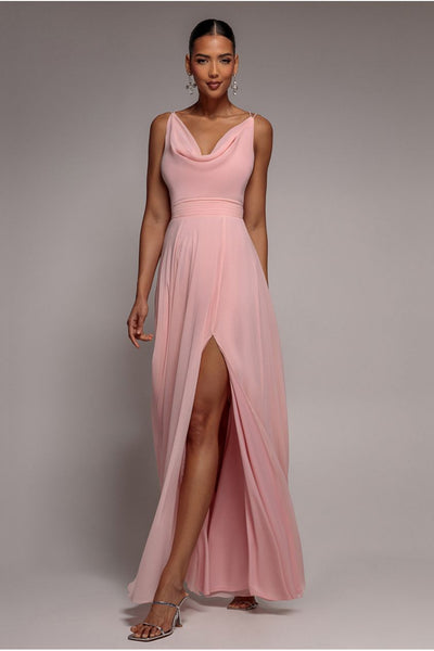 Blush - Goddiva Chiffon Cowl Twisted Rope Strap Lace-up Flared Maxi Dress - Blush Pink