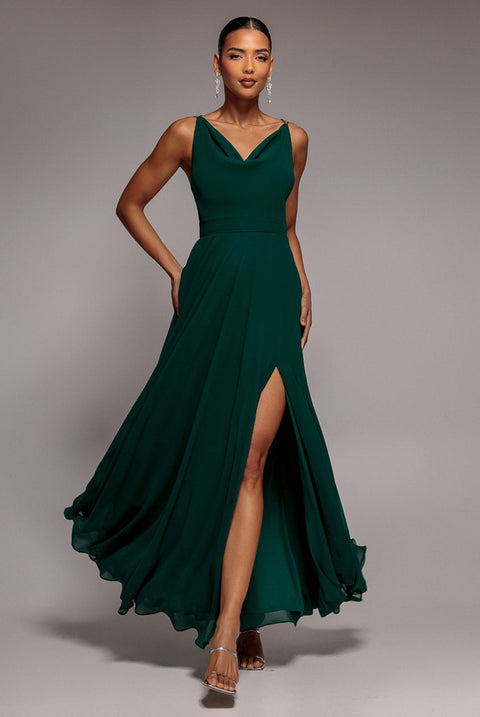 Goddiva Chiffon Cowl Twisted Rope Strap Lace-up Flared Maxi Dress - Emerald Green